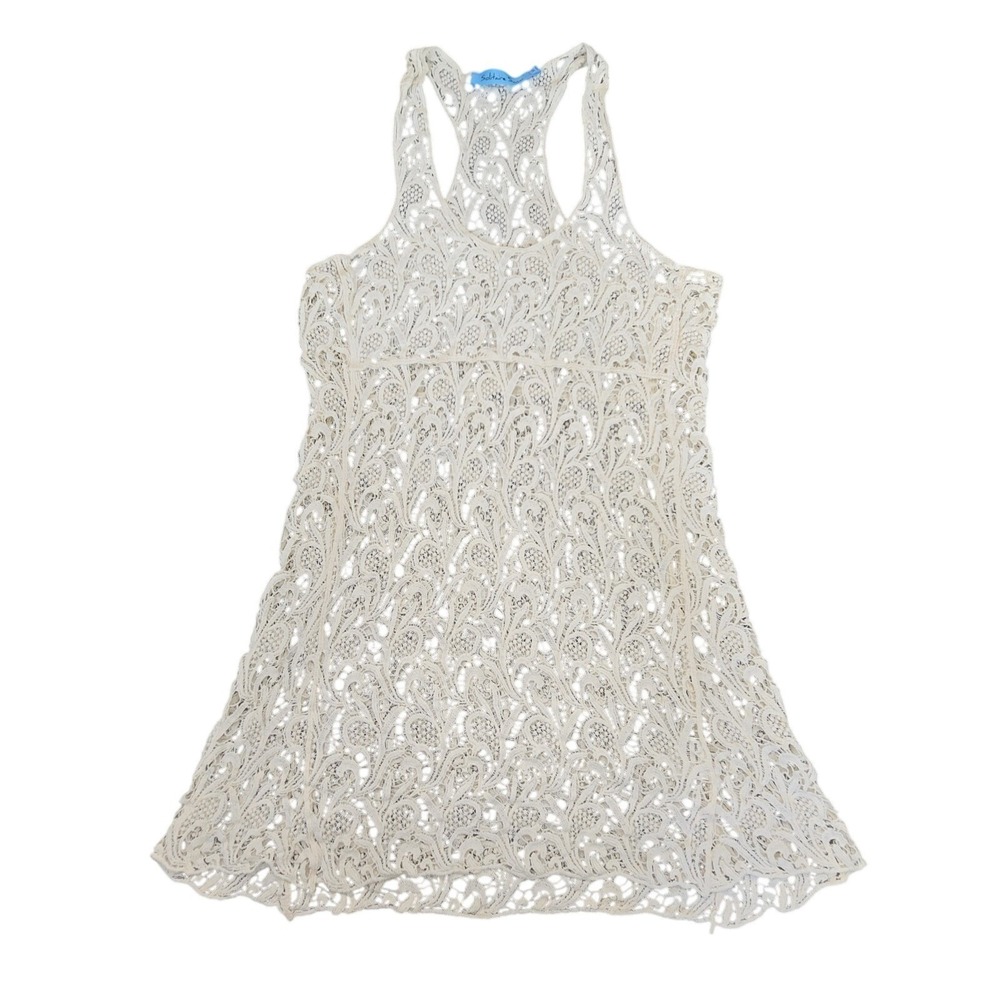 Solitaire Swim Crochet Swim Cover Up Women's Medium Ivory Mesh Mini Dress Boho